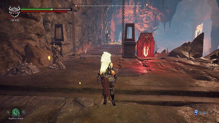 Po walce uderz w kryształ z prawej strony, aby połączyć krótkim mostem dwie części lokacji Esencje - Droga do lokacji Blizna | Solucja do gry Darksiders 3 - Darksiders 3 - poradnik do gry