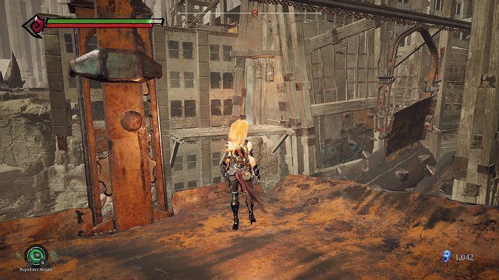 Wskocz na kolejną platformę i zeskocz z niej, gdy znajdziesz się blisko pomosu widocznego na powyższym obrazku - Niziny - Blizna | Solucja do gry Darksiders 3 - Darksiders 3 - poradnik do gry