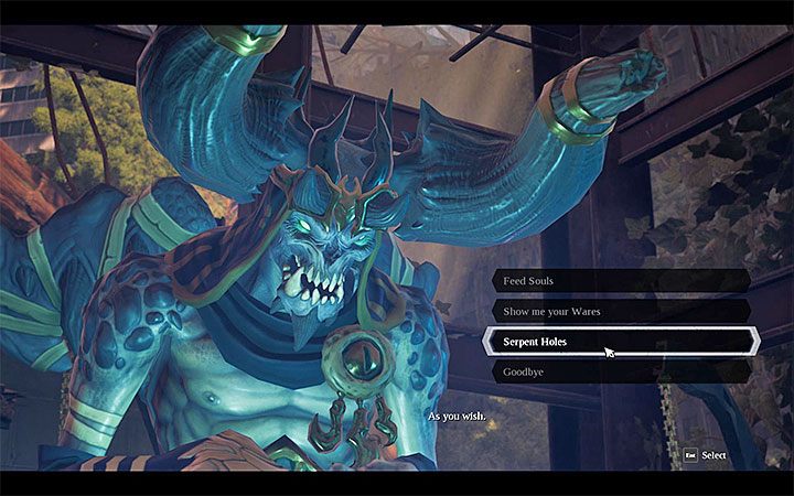 Po wyświetleniu okna z listą interakcji wybierz trzecią pozycję, czyli Żmijowe Jamy - Serpent Holes - Jak skorzystać z szybkiej podróży w Darksiders 3? - Darksiders 3 - poradnik do gry