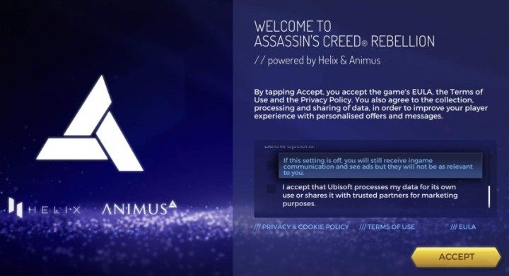 Gra przy pierwszym uruchomieniu wymaga potwierdzenia paru informacji - Assassins Creed Rebellion - poradnik do gry