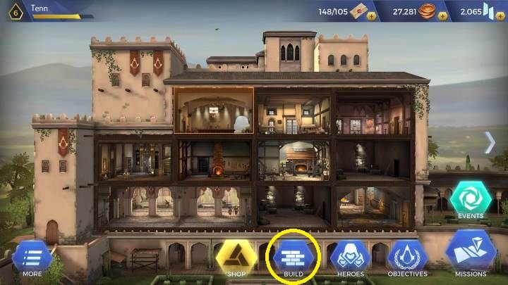 Aby stworzyć nowe pomieszczenie musisz otworzyć zakładkę build zaznaczoną na screenie powyżej - Jak tworzyć pomieszczenia w Assassins Creed Rebellion - Assassins Creed Rebellion - poradnik do gry