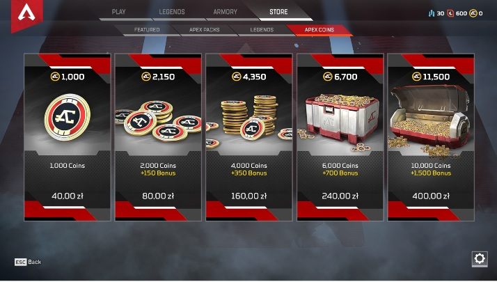 W grze Apex Legends możesz zakupić różnorodne przedmioty kosmetyczne oraz nowych bohaterów - Waluty w grze - Mikrotransakcje - Apex Legends - poradnik do gry