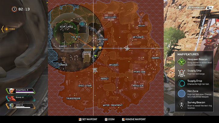 Gdy poznasz następną pozycję pierścienia (zielony okrąg na powyższej mapie), możecie szybciej zaplanować swoje ruchy - Pathfinder - postacie w Apex Legends - Apex Legends - poradnik do gry