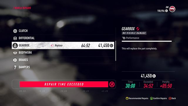 Czas potrzebny na naprawy widać na dolnym pasku. Jeśli przekracza dostępne pół godziny, wybierz inny rodzaj naprawy, np. szybką zamiast standardowej. - DiRT Rally 2.0: Tryb kariery - DiRT Rally 2.0 - poradnik do gry