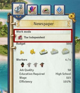 Dzięki temu otworzysz panel, na którym znajdują się lista dostępnych trybów pracy [1] - Jak zmienić tryb pracy w budynkach w Tropico 6? - Tropico 6 - poradnik do gry