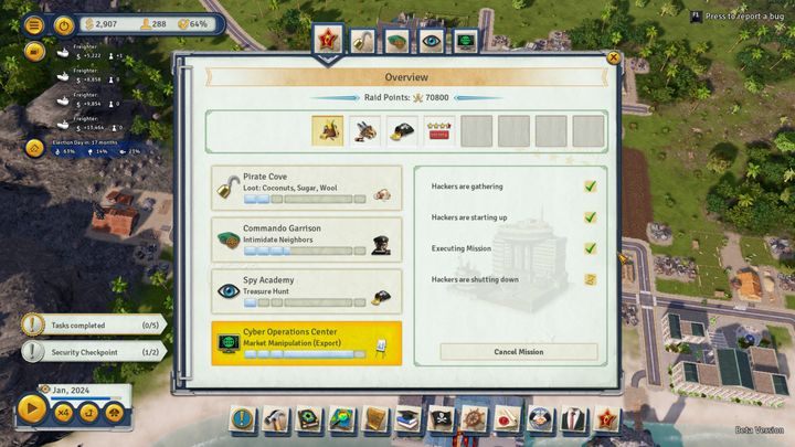 Główny panel zawiarający informacje o wszystkich przeprowadzanych w danym momencie rajdach. - Rajdy w Tropico 6 - Tropico 6 - poradnik do gry