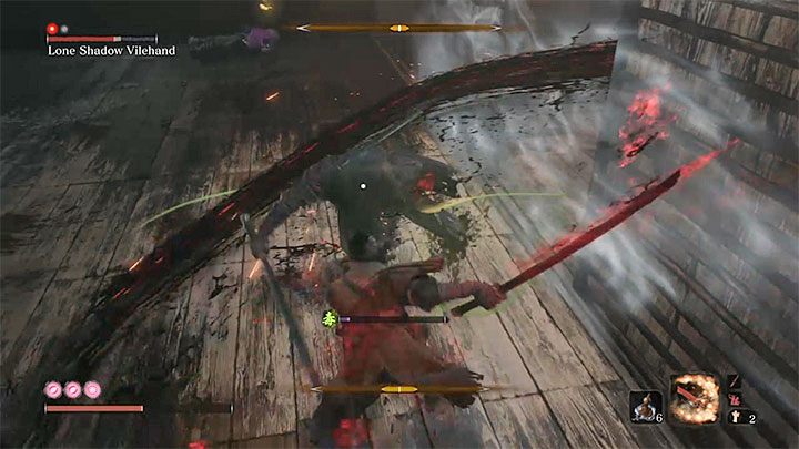 Bardzo dobrym atakiem do osłabiania bossa jest Dobycie śmiertelności (Mortal Draw), które możesz ustawić jako aktywną sztukę walki (Combat Art) - Lone Shadow Vilehand | Boss w Sekiro Shadows Die Twice - Sekiro Shadows Die Twice - poradnik do gry