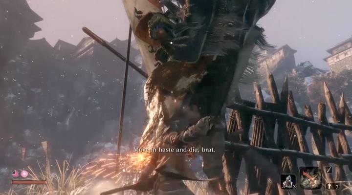Wskazówka: pierwsze ciosy możesz zadawać już gdy boss wjeżdża na arenę i się przedstawia - jest to fragment, w którym przeciwnik nie atakuje (jego prezentacja), ale przyjmuje ciosy - Gyoubu Oniwa | Boss w Sekiro Shadows Die Twice - Sekiro Shadows Die Twice - poradnik do gry