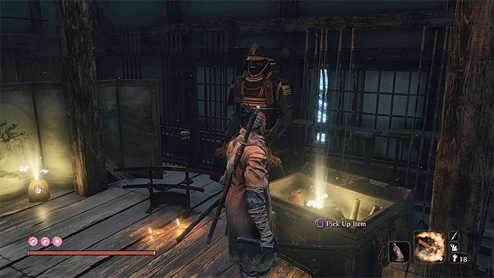 Po znalezieniu się w tajnym pomieszczeniu podejdź do dużej skrzyni, z której możesz wyjąć koralik modlitewny - Koraliki modlitewne | Przedmioty specjalne w Sekiro Shadows Die Twice - Sekiro Shadows Die Twice - poradnik do gry