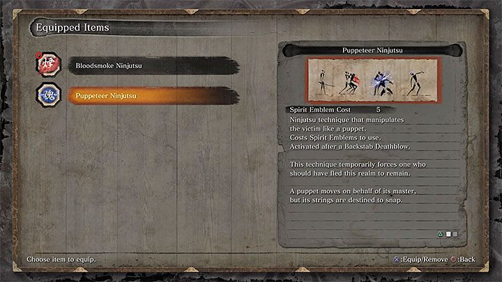Po tym jak odblokujesz wspomnianą umiejętność ustaw ją jako aktywną w zakładce technik ninjutsu - Wielki wąż #2 | Boss w Sekiro Shadows Die Twice - Sekiro Shadows Die Twice - poradnik do gry