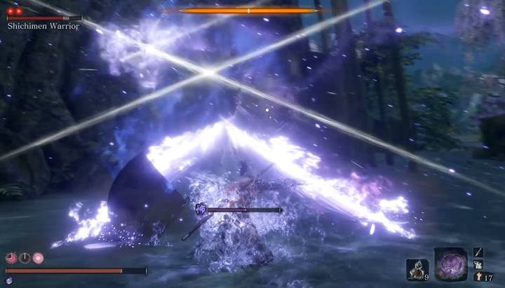 Sztuka miotana ta technika pozwala wykonać natychmiastowy kontratak, który zadaje duże obrażenia bossowi i niszczy pobliskie duchy - Shichimen Warrior #3 | Boss w Sekiro Shadows Die Twice - Sekiro Shadows Die Twice - poradnik do gry