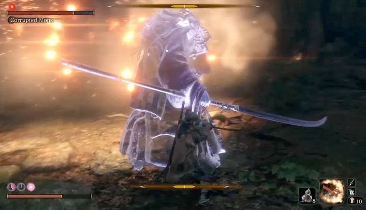 Dalsza część walki to jedynie wykorzystanie petardy, by w tym czasie przejść za plecy wroga i atakować go podstawowym ciosem mieczem - Zdeprawowana mniszka | Boss w Sekiro Shadows Die Twice - Sekiro Shadows Die Twice - poradnik do gry