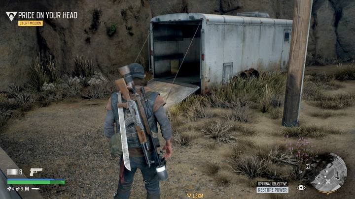 Używając surwiwalowego widzenia możesz tropić ślady, które finalnie zaprowadzą cię do białej przyczepy przy skałach, w rogu - Days Gone: Belknap - mapa, ważne lokacje - Days Gone - poradnik do gry