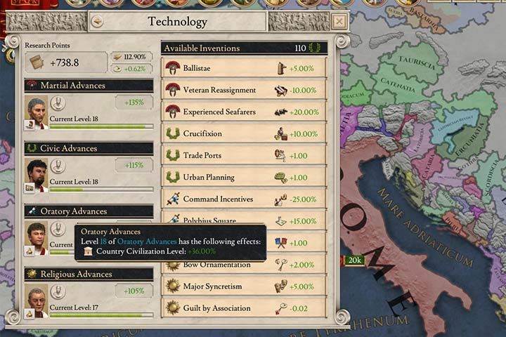 Zdobywanie postępów technologicznych zwiększy możliwości twojego państwa. - Technologie - postaci, prowincji i armii w Imperator Rome - Imperator Rome - poradnik do gry