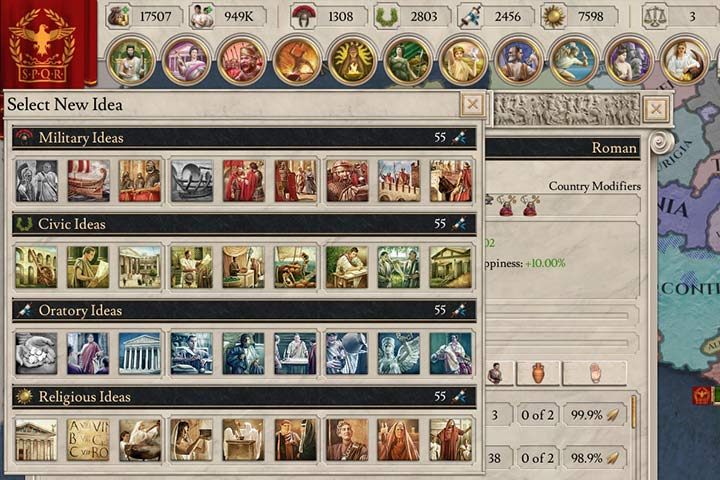 W sumie jest 36 idei narodowych, gdzie każda zapewnia odmienne bonusy. Część z nich musisz odblokować przez postęp technologiczny. - Idee Narodowe w Imperator Rome - Imperator Rome - poradnik do gry