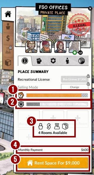Dowiesz się także ile zapłacisz za dostęp do tego miejsca [5] oraz w przypadku budynków prywatnych - jak wysoki będzie miesięczny czynsz [4] - Miasta w Weedcraft Inc - Weedcraft Inc - poradnik do gry