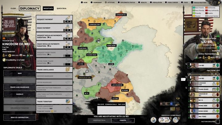 Po kliknięciu NEGOTIATE wyświetli się lista wszystkich dostępnych opcji dyplomatycznych i handlowych. - Dyplomacja i handel w Total War Three Kingdoms - Total War Three Kingdoms - poradnik do gry