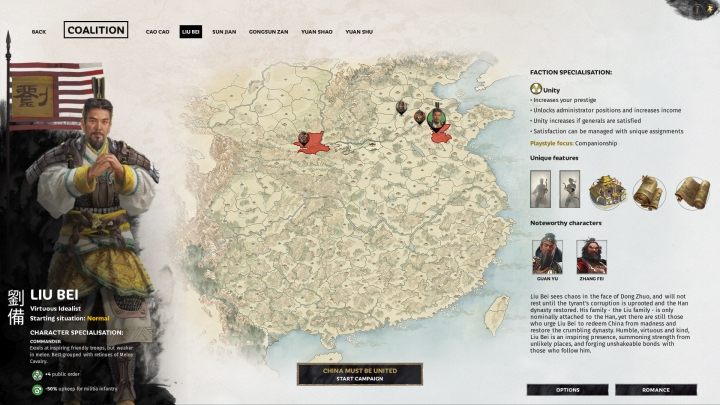 Okno selekcji Liu Bei. - Wszyscy watażkowie (przywódcy) frakcji w Total War Three Kingdoms - Total War Three Kingdoms - poradnik do gry