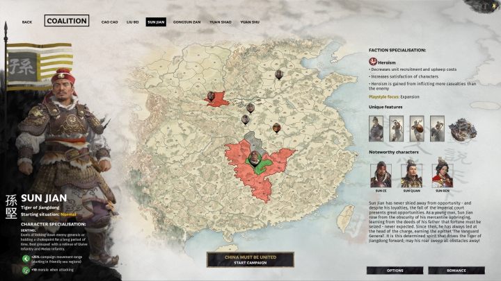Okno wyboru Sun Jian. - Wszyscy watażkowie (przywódcy) frakcji w Total War Three Kingdoms - Total War Three Kingdoms - poradnik do gry