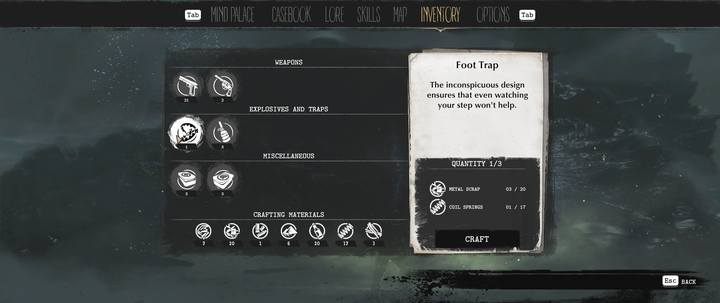 Tworzenie nowych przedmiotów odbywa się poprzez naciśnięcie przycisku Twórz (Craft) w zakładce Inwentarza, po wyborze właściwego przedmiotu - Crafting w The Sinking City - The Sinking City - poradnik do gry