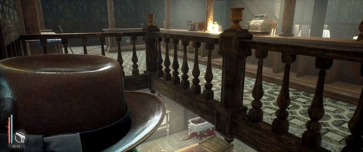Zejście do piwnicy znajduje się za ladą - przeskocz przez barierki - Badania terenowe | Sprawy poboczne w The Sinking City - The Sinking City - poradnik do gry