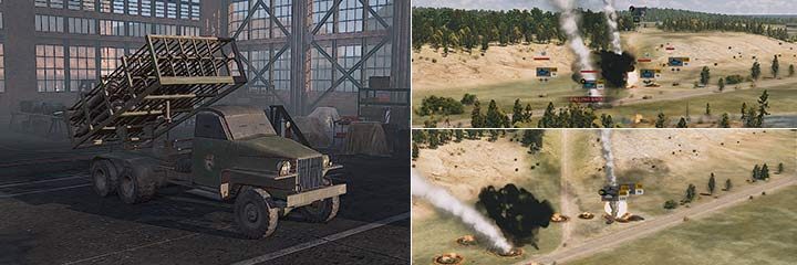 Salwa rakiet z BM-31 jest w stanie przygwoździć każdy oddział wroga, dzięki potężnym rakietom 300mm. Na obrazku powyżej ostrzał rakiet najpierw przygwoździł grupę czołgów, a pozostałe trzy Paznery spanikowały i zostały trafione ostatnią rakietą. - 26-ya Gvard. Strelkovy - Steel Division 2 - poradnik do gry