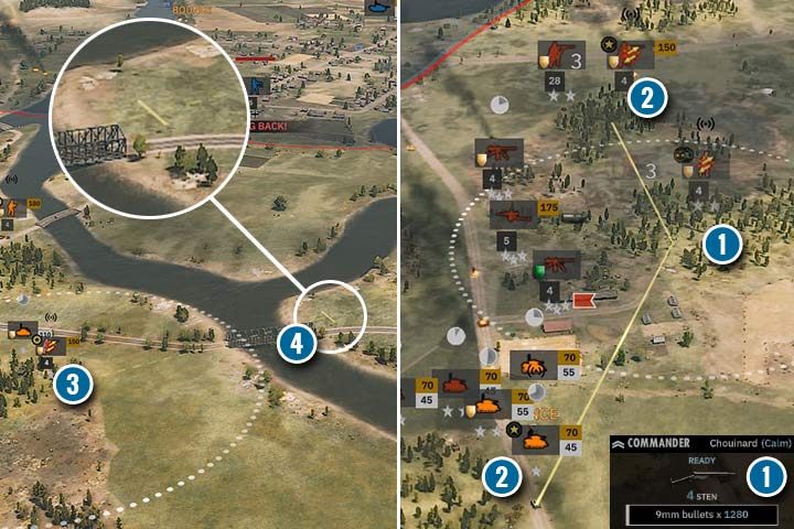 Dowódcy (Commanders) to jedne z najcenniejszych, choć niepozornych jednostek (1). Nie tylko roztaczają aurę dowodzenia i zwiększają poziom doświadczenia, ale też przekazują swój bonus innym liderom (2). Widać to po żółtych liniach, które wskazuje na połączenie radiowe. Jeśli jakiś dowódca jest za daleko (3), to nadal dodaje swój bonus, ale nie korzysta z pomocy dowódcy. Na mapie możesz zobaczyć, jak blisko musi podejść, aby dotarły do niego rozkazy od dowódcy (4). - Doświadczenie, Liderzy i Dowódcy | Steel Division 2 - Steel Division 2 - poradnik do gry