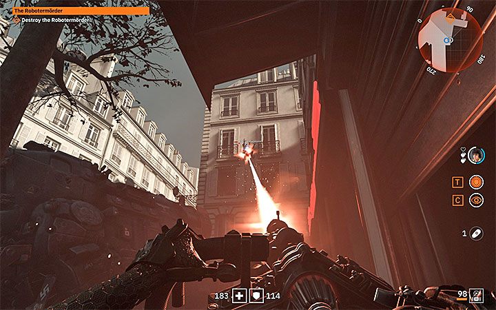 Mini-boss w trakcie atakowania sióstr będzie dużo biegał po okolicy i może też wskakiwać na ściany budynków - The Robotermorder | Misje poboczne w Wolfenstein Youngblood - Wolfenstein: Youngblood - poradnik do gry