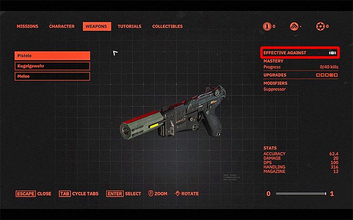 Alternatywnym sposobem na odczytanie informacji o zastosowaniu jakiejś broni jest otwarcie zakładki o niej w menu (Weapons) - Odpowiednio dobrane argumenty | Trofea w Wolfenstein Youngblood - Wolfenstein: Youngblood - poradnik do gry
