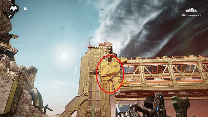 Strzelaj w kierunku mostu - celuj w miejsce zaznaczone na powyższym obrazku - Akt 3 Rozdział 2 - Rakietowy plan | Przedmioty kolekcjonerskie w Gears 5 - Gears 5 - poradnik do gry