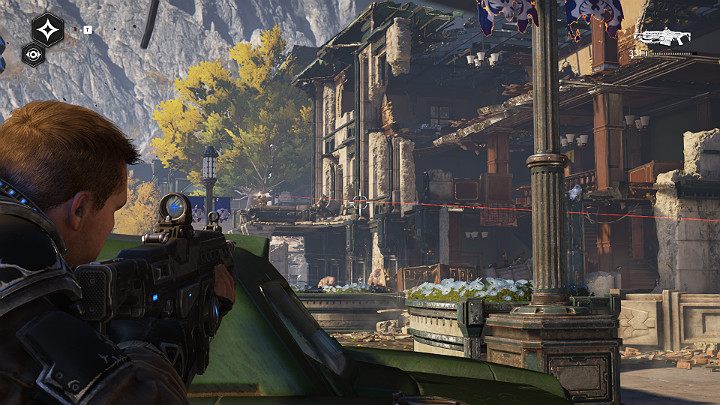 Zwróć uwagę na snajperów znajdujących się w różnych miejscach w budynku po prawej stronie - Akt 1 Rozdział 3 - To jest wojna | Solucja Gears 5 - Gears 5 - poradnik do gry