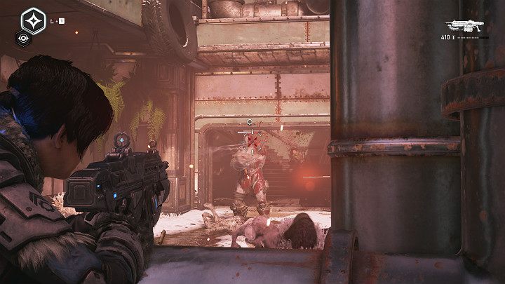 Podejdź do bramy i zlikwiduj mocniejszego wroga - dwie celne serie z karabinu maszynowego w głowę powinny wystarczyć - Akt 2 Rozdział 1 - Rekrutacja | Solucja Gears 5 - Gears 5 - poradnik do gry