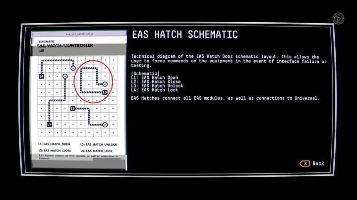 Wjedź do EAS-02, na laptopie obok włazu znajdziesz dokument ze schematem systemu panelu (EAS HATCH SCHEMATIC) - Observation: Reaktor, solucja, etap 2 - Observation - poradnik do gry