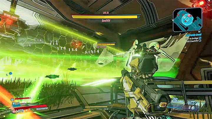 Boss w przypadku bezpośredniej wymiany ognia może strzelać zielonymi pociskami - biegaj wtedy na boki i staraj się nie przerywać ostrzału - The Family Jewel | Solucja Borderlands 3 - Borderlands 3 - poradnik do gry