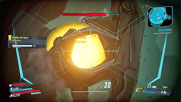 Bossa możesz atakować od samego początku bitwy, ale żółtym kolorem oznaczone są słabe punkty na ciele Gravewarda - Cold as the Grave | Solucja Borderlands 3 - Borderlands 3 - poradnik do gry