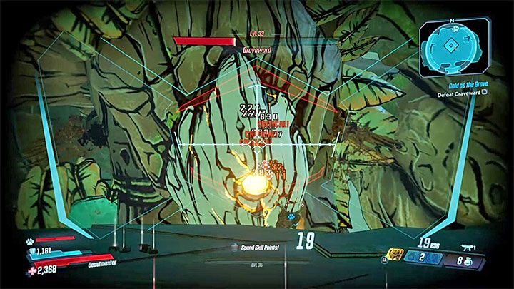 Bossa możesz atakować od samego początku bitwy, ale żółtym kolorem oznaczone są słabe punkty na ciele Gravewarda - The Graveward | Trudni przeciwnicy w Borderlands 3 - Borderlands 3 - poradnik do gry