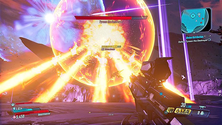 Począwszy od pierwszego uklęknięcia boss będzie okazjonalnie przemieniał się w kulę ognia i ostrzeliwał okolicę płomieniami - Divine Retribution | Solucja Borderlands 3 - Borderlands 3 - poradnik do gry