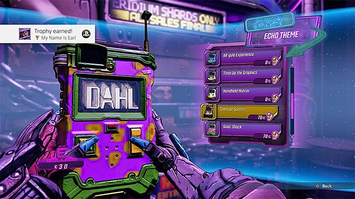 Po zagadaniu do Crazy Earla pojawia się menu kupowania od niego przedmiotów kosmetycznych - Lista trofeów w Borderlands 3 - Borderlands 3 - poradnik do gry