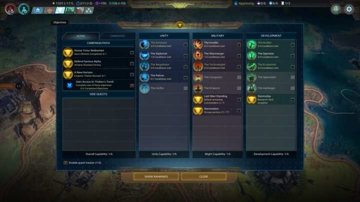 Okienko misji wewnątrz którego wypisane są wszystkie misje do wykonania, podzielone na poszczególne grupy. - Misje w Age of Wonders Planetfall - Age of Wonders Planetfall - poradnik do gry