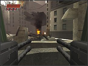 Przejdź przez małe drzwi z lewej i rozwal naruszoną i zasłoniętą pudłami ścianę, by dostać się do nowej części budynku - Mean Streets | Hanging in the Hood | Red Faction II - Red Faction II - poradnik do gry