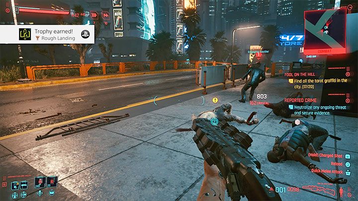 Po znalezieniu się nad wrogami zacznij od aktywowania Berserka - trzeba w tym celu przytrzymać L1+R1 (PS4/PS5) lub LB+RB (Xbox) - Cyberpunk 2077: Trofea - lista osiągnięć - Cyberpunk 2077 - poradnik do gry