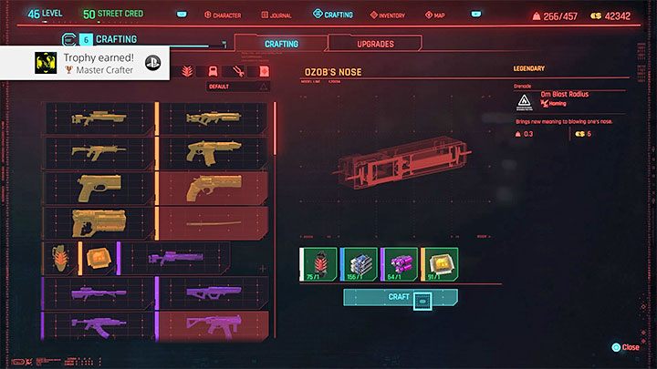 W zależności od wybranego atutu będziesz mógł zacząć produkować legendarne przedmioty lub legendarne hacki - Cyberpunk 2077: Trofea - lista osiągnięć - Cyberpunk 2077 - poradnik do gry