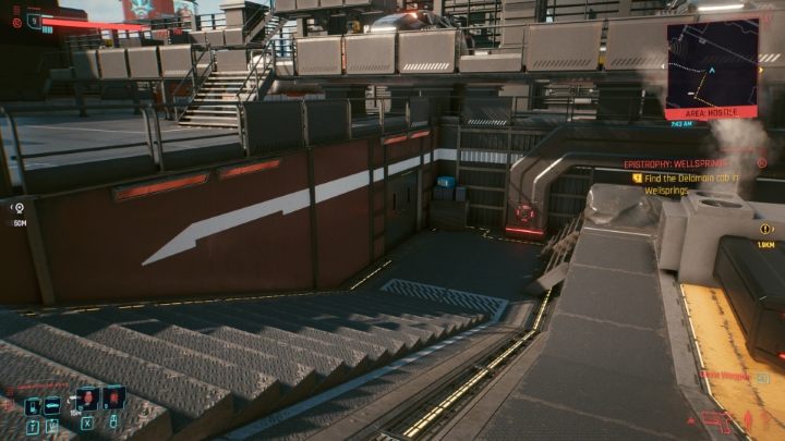 Kieruj się zgodnie z ulicą, aż ujrzysz schody prowadzącego do drzwi - tak jak powyżej - Cyberpunk 2077: Kot - gdzie znaleźć, jak adoptować? - Cyberpunk 2077 - poradnik do gry