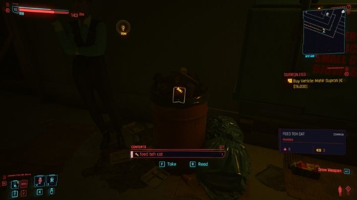 Szybko trafisz na kosz, w którym znajdziesz notatkę o karmieniu kota - przeczytaj ją - Cyberpunk 2077: Kot - gdzie znaleźć, jak adoptować? - Cyberpunk 2077 - poradnik do gry