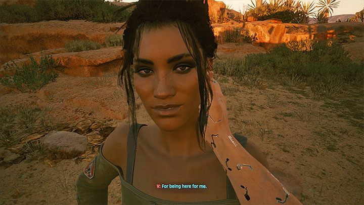 Na sam koniec questu pojawia się okazja do pocałowania Panam na pożegnanie - Cyberpunk 2077: Panam Palmer - romans/seks - Cyberpunk 2077 - poradnik do gry