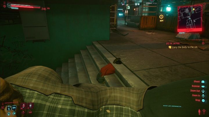 Gdy otworzysz lodówkę wypadnie z niej mężczyzna, weź go na ręce i zanieść do auta - Cyberpunk 2077: Numer Jeden! - solucja, opis przejścia - Cyberpunk 2077 - poradnik do gry