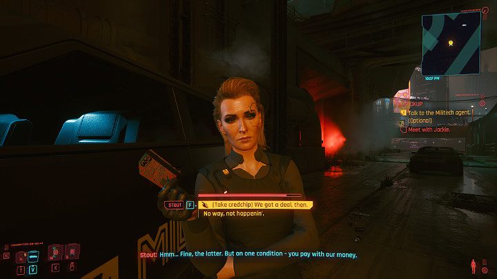 Gdy tylko spróbujesz przywitać się z Meredith, do akcji wkroczy jej ochroniarz - Cyberpunk 2077: Bilet wstępu/The Pickup - solucja, opis przejścia - Cyberpunk 2077 - poradnik do gry