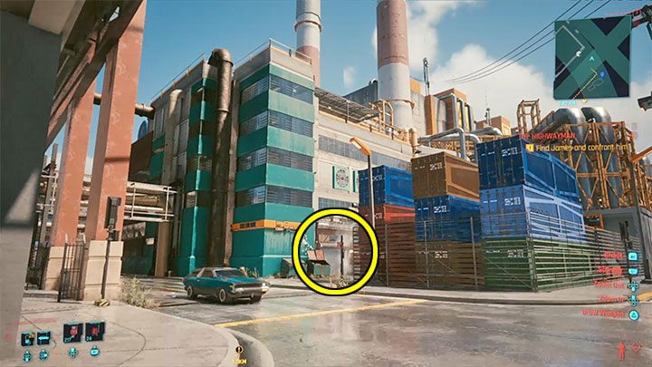 Udaj się na wschód od fabryki, a konkretnie do pokazanego na obrazku obszaru z kontenerami - Cyberpunk 2077: J + J = WNM - solucja, opis przejścia - Cyberpunk 2077 - poradnik do gry