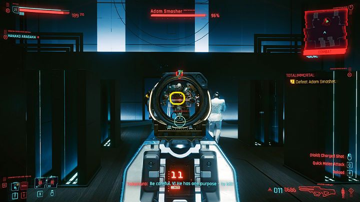 Słabym punktem Adama Smashera jest cybernetyczne serce, które zostało schowane za osłoną w prawej części jego klatki piersiowej - Cyberpunk 2077: Siostra i brat/Totalimmortal - solucja, opis przejścia - Cyberpunk 2077 - poradnik do gry