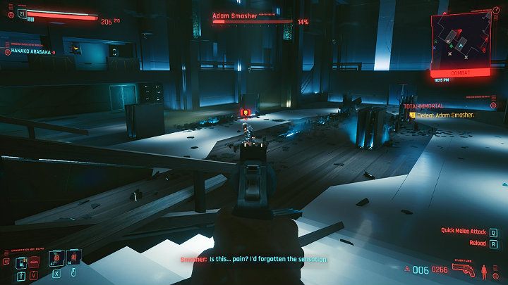 Trzecia faza pojedynku rozpoczyna się w momencie, gdy zdrowie bossa spadnie poniżej 15% i jest zdecydowanie najłatwiejsza - Cyberpunk 2077: Adam Smasher - boss, jak pokonać? - Cyberpunk 2077 - poradnik do gry